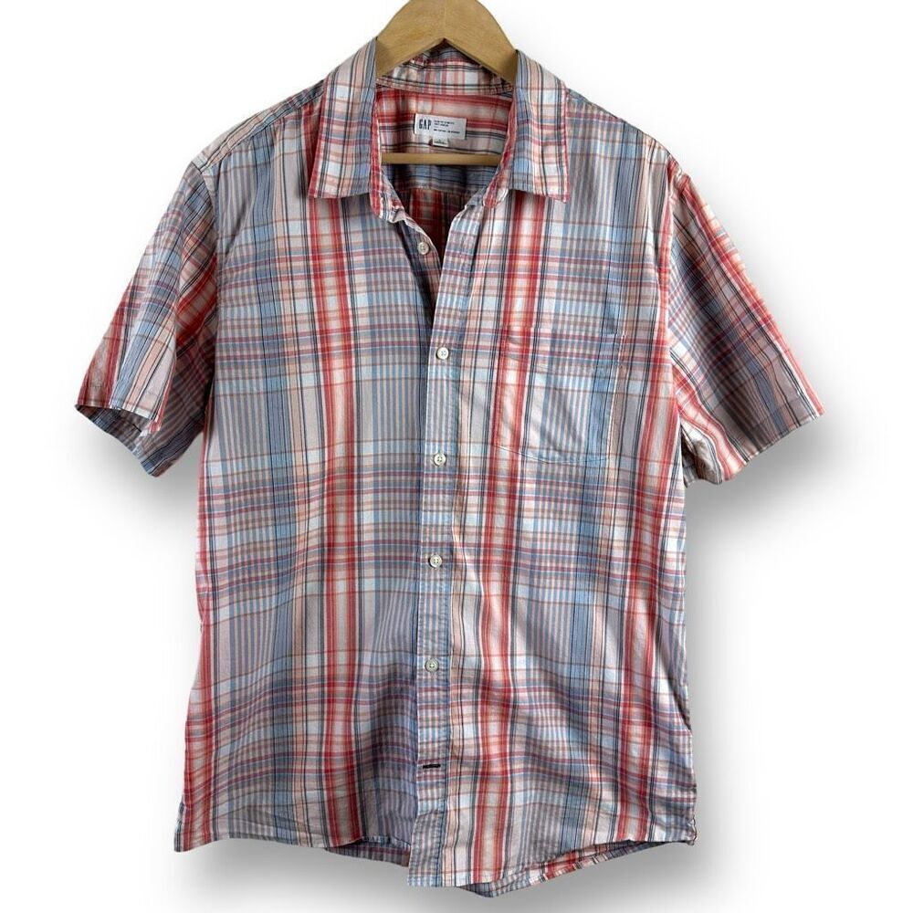 Gap Men's L Short Sleeve Poplin Button Up Light Blue Red Plaid Slim Fit Stretch
